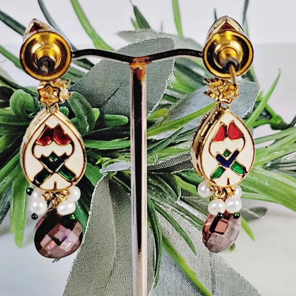 Statement Cocktail Earrings Dangle Drop Pierced Purple Green Delicate Pe… - Picture 3 of 12